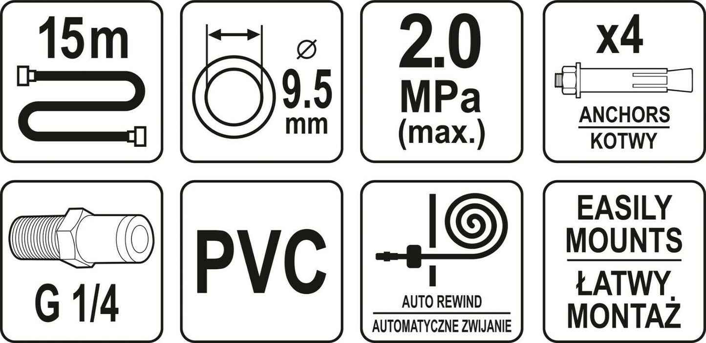Yato compressed air hose drum 1/4 "9.5mm automatic hose roller 15m coil