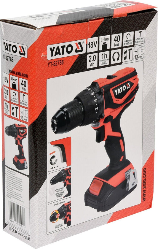 YATO battery stroke drilling machine 18V Li-ion cordless screwdriver battery ear led 40nm 13mm