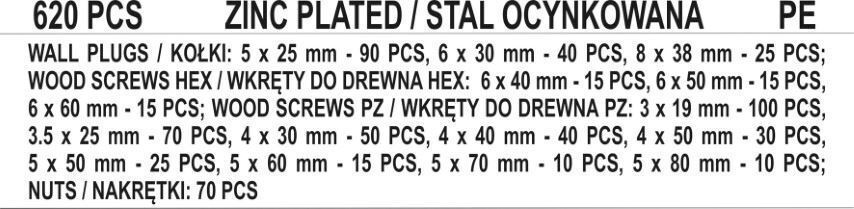 Yato YT-36500 screw and dowel range, wood screws, nuts 620 parts