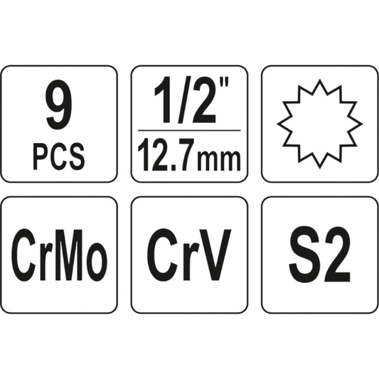 Vielzahn-Schlagschrauber-Nuss Satz 9tlg SPLINE CrMo M6 M8 M9 M10 M12 M14 M16 M18
