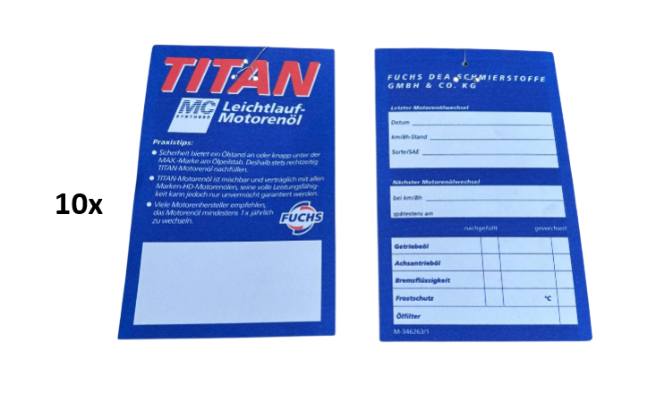 10x Fuchs Ölwechselanhänger Ölzettel Serviceanhänger Inspektion Werkstatt Zettel