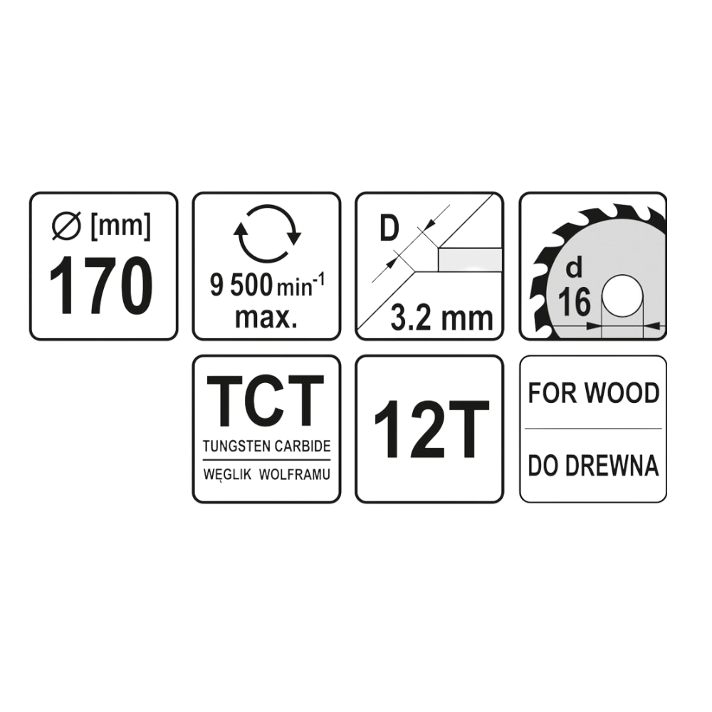 Kreissägeblatt Holzsäge 170x16x3,2x2,2mm 12T TCT Sägeblatt Scheibe 9500min1