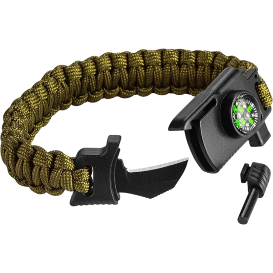 Survival Überlebens Armband Pfeife Kompass Feuerstein Seil Klinge grün Prepper