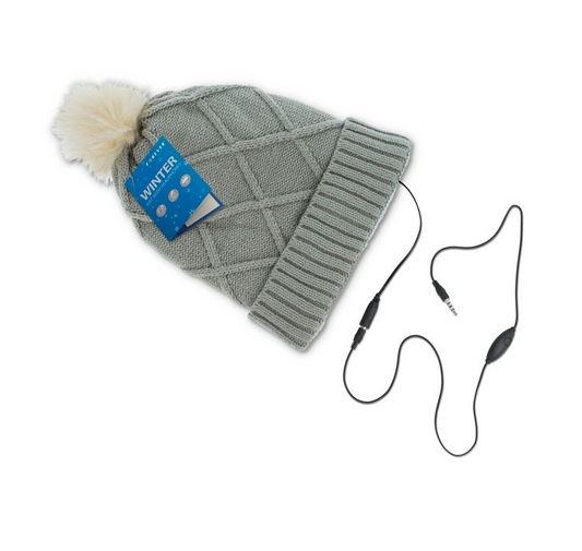 Forever Bommelmütze mit Kopfhörer und Micro Winter Grau 3,5 Klinke 120cm