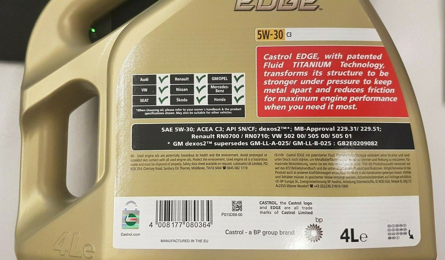 4l Castrol EDGE 5W30 C3 Motoröl für Mercedes VW Audi Skoda Seat Renault Opel GM