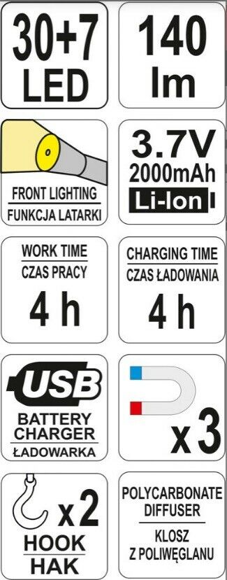 YATO Profi LED Arbeitslampe Handlampe Stablampe Werkstattleuchte Magnet Akku USB