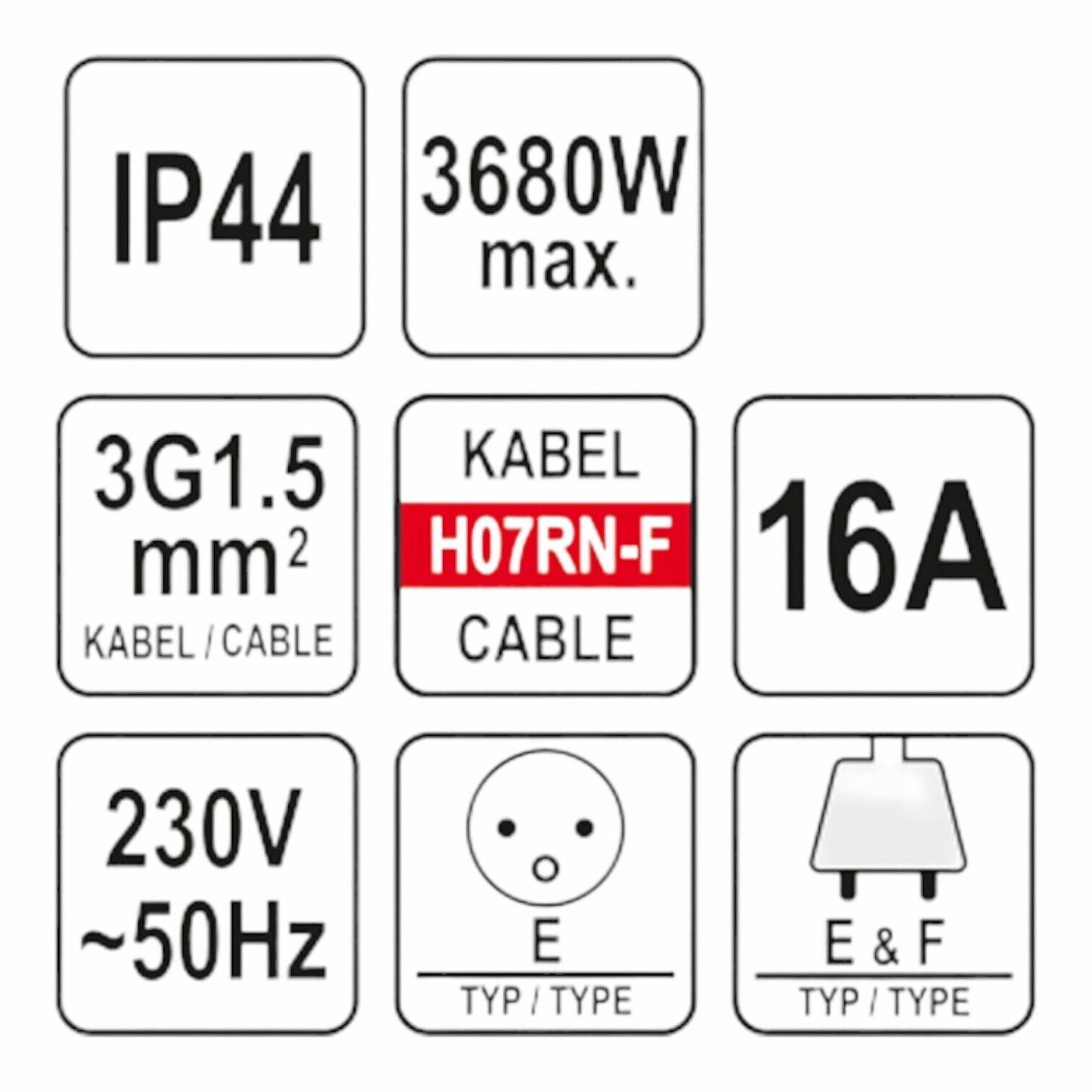YATO YT-81162 Verlängerungskabel 20m 3 Fach Verteiler Kabelverlängerung Typ E&F