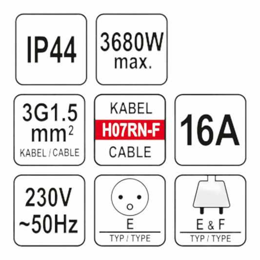 YATO YT-81162 Verlängerungskabel 20m 3 Fach Verteiler Kabelverlängerung Typ E&F