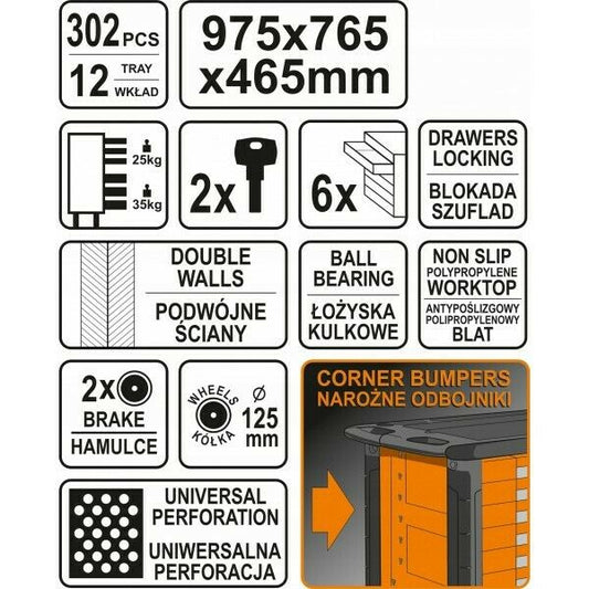STHOR Werkzeugwagen bestückt hochwertig 302tlg Werkstattwagen Werkzeugkasten - Flex-Autoteile