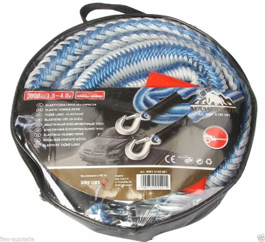 Abschleppseil PKW 2000Kg Gesamtgewicht Sicherheitsabschleppseil 1,5-4m flexibel - Flex-Autoteile