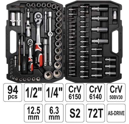 Yato Werkzeugkoffer Set 94tlg Ratschen Steckschlüssel 1/4" 1/2" Langnüsse Bits - Flex-Autoteile