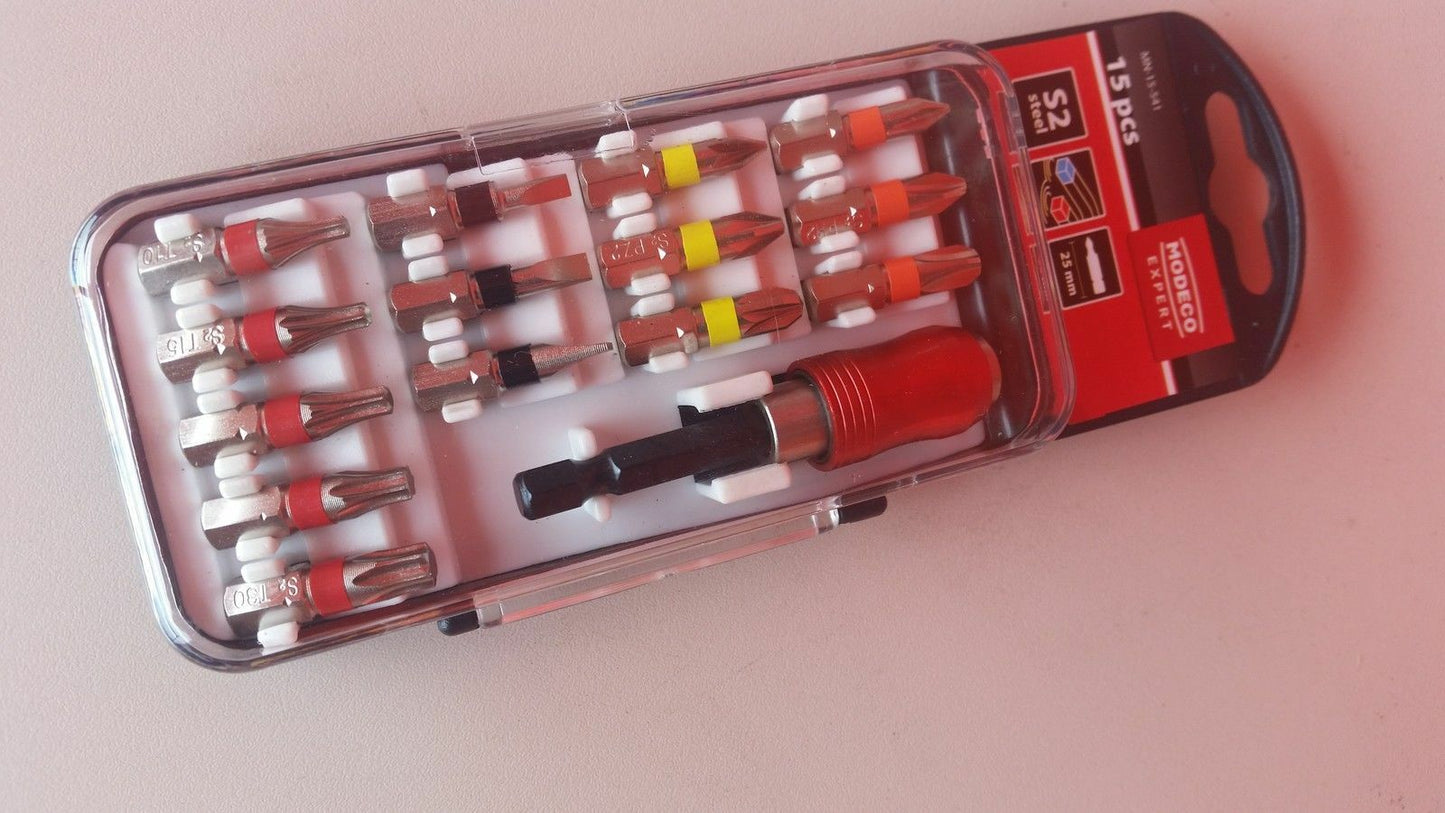 Bitsatz S2 15tlg Torx Kreuz Schlitz T 10 15 20 25 30 Bits Schnellwechselfutter - Flex-Autoteile