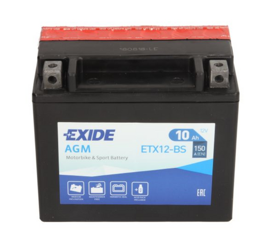 Exide ETX12-BS AGM Motorradbatterie 150A 10Ah für Honda Suzuki Yamaha YTX12-BS