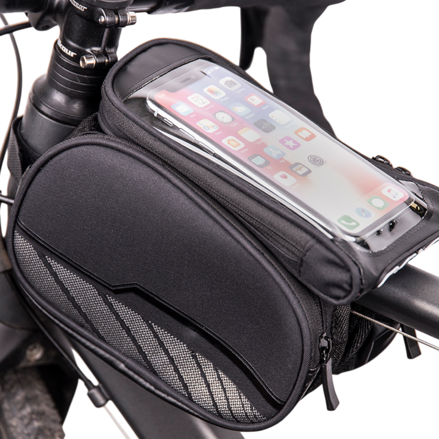 Wasserdichte Fahrradrahmentasche Schwarz mit Handyhülle Touchfolie Reflektoren