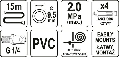 Yato Druckluft Schlauchtrommel 1/4" 9,5mm Automatik Schlauchaufroller 15m Spule