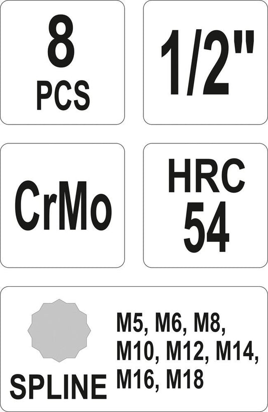 YATO Schlagschrauber-Nüsse Satz 8tlg, CrMo-Stahl, M5-M18, Vielzahn, YT-1069