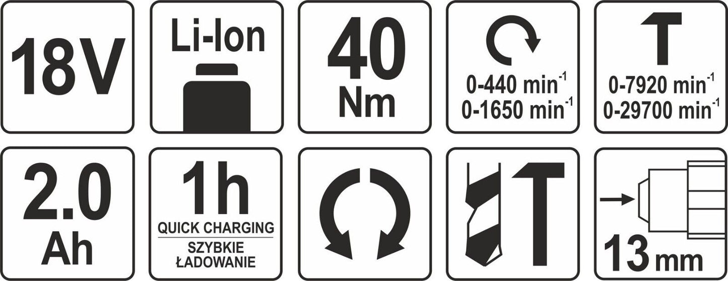 YATO AKKU-Schlagbohrmaschine 18V LI-ION Akkuschrauber Akkubohrer LED 40Nm 13mm