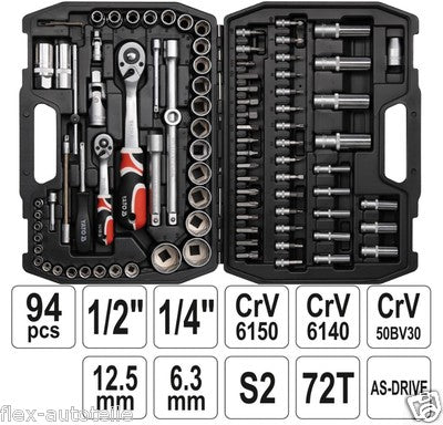 Yato Werkzeugkoffer Set 94tlg Ratschen Steckschlüssel 1/4" 1/2" Langnüsse Bits