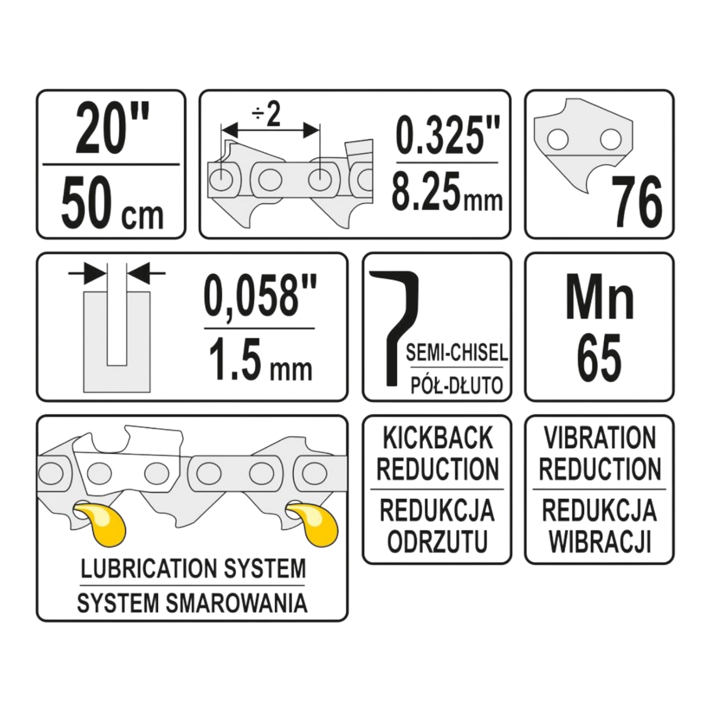 Yato Sägekette 20" 50cm 0,325" 8,25mm Kette Kettensäge 76 Antrieb 0,058" 1,5mm