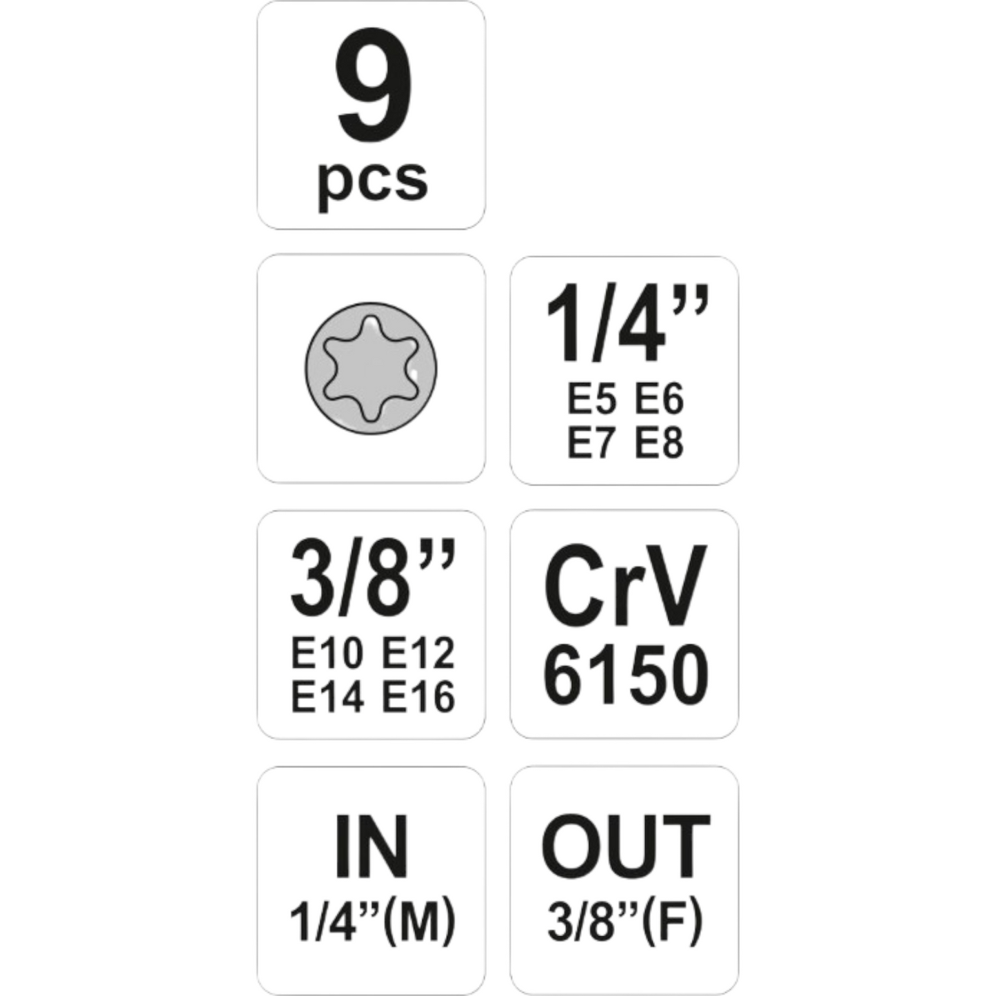 Torx-Steckschlüssel Satz Aussentorx 9tlg  E5 E6 E7 E8 1/4" E10 E12 E14 E16 3/8"