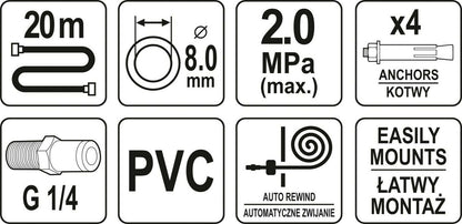 Yato Druckluft Schlauchtrommel 1/4" 8mm Automatik Schlauchaufroller 20m Spule