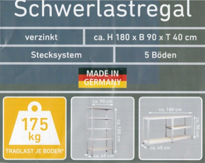 Schwerlast-Steck-Regal 5 Holzböden Fächer 175kg Werkstatt Keller Lager 180x90x40