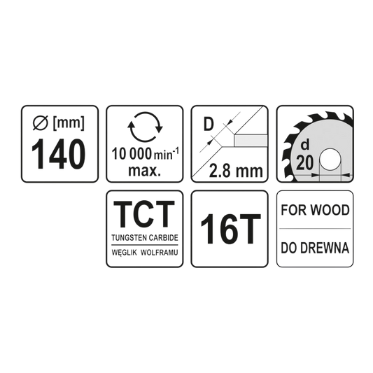Kreissägeblatt Holzsäge 140x20x2,8x2mm 16T TCT Sägeblatt Scheibe 10000min1
