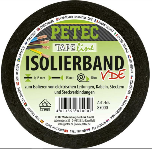 PETEC 87000 Isolierband Kabelisolierung Kabel Kabelschutzband schwarz 10m x 15mm