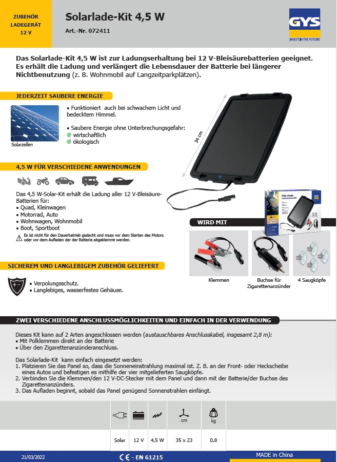 Ladungserhaltung Solar 12V 4,5W Ladegerät Solaranlage Outdoor Camping Wohnmobil