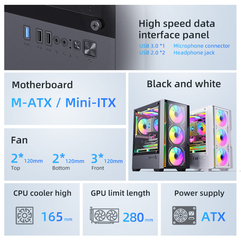 PC Gehäuse Computer Case Gaming M-ATX Mini-ITX weiss Midi Tower SNOWMAN