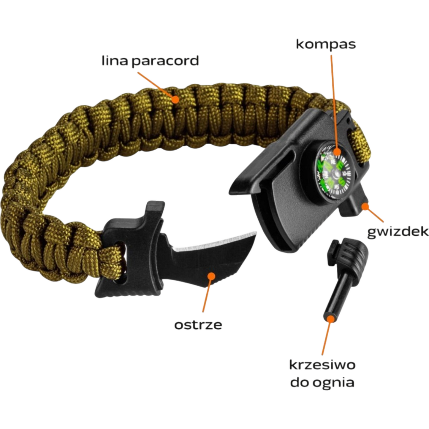 Survival Überlebens Armband Pfeife Kompass Feuerstein Seil Klinge grün Prepper