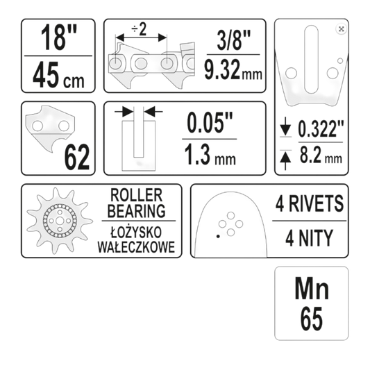 Kettensäge Führungsschiene Kettenführung 45cm 18" 3/8" 1,3mm 9 Zähne 56 Glieder