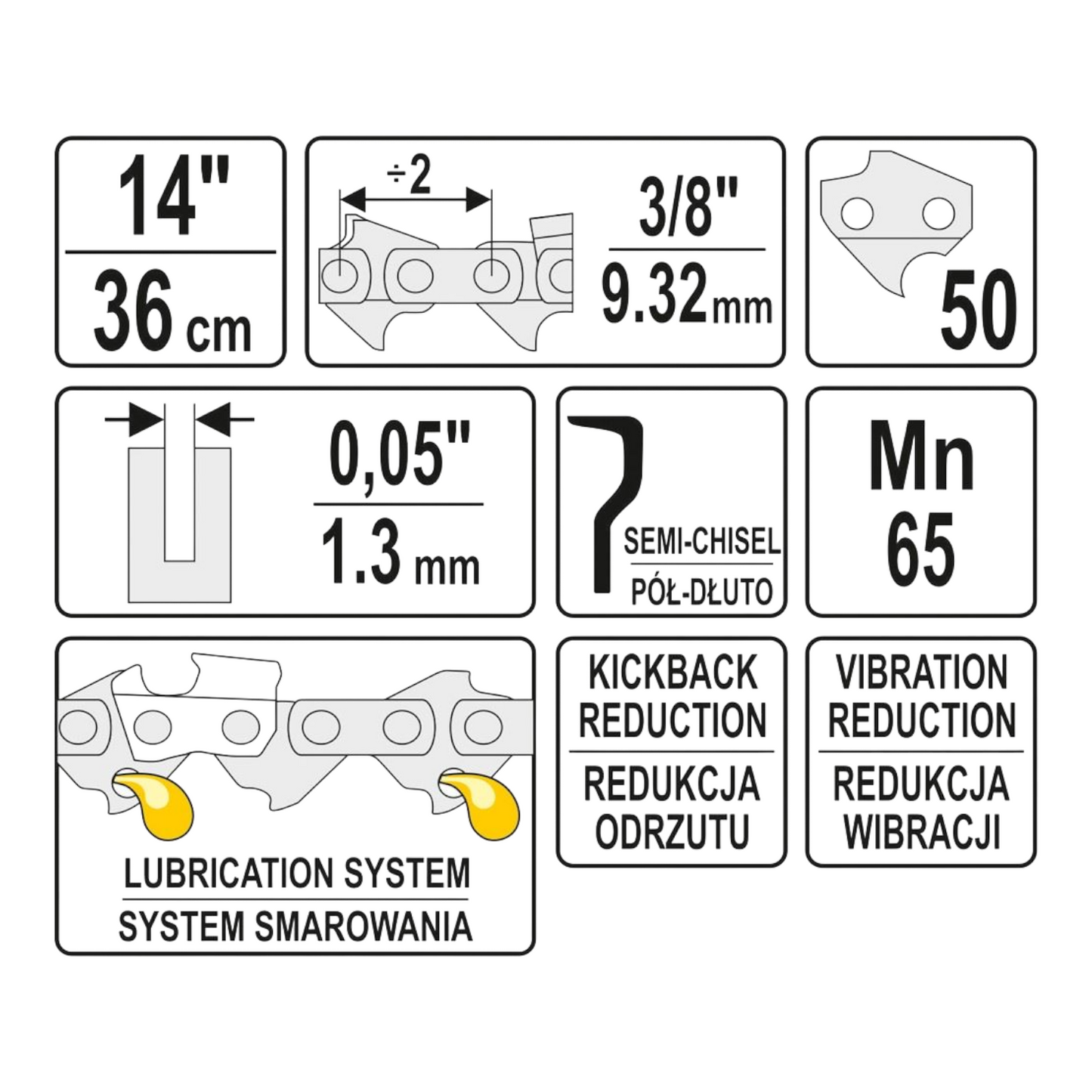 Yato Sägekette 14" 36cm 3/8" 9,52mm Kette Kettensäge 50 Antrieb 0,05" 1,3mm