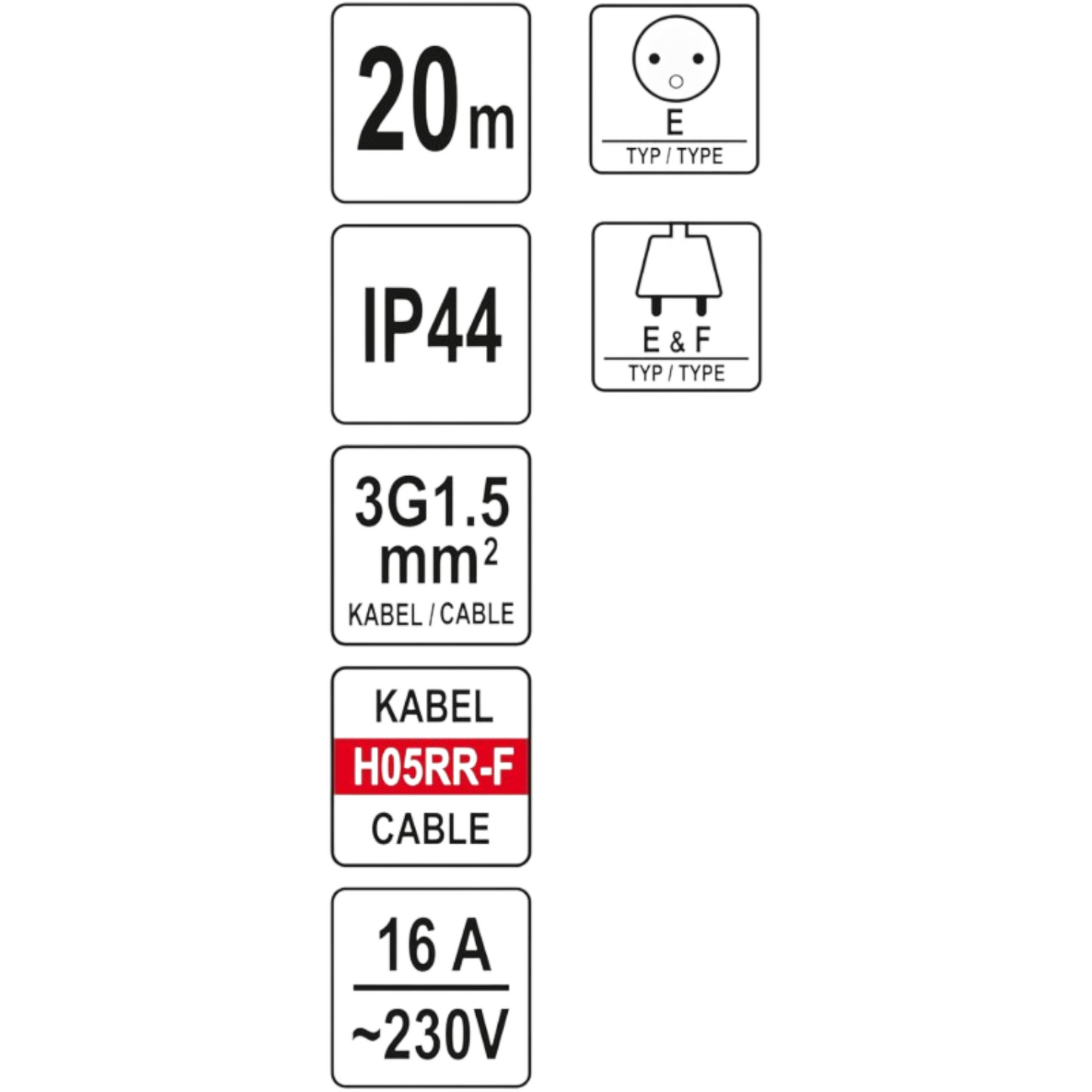 20m Kabeltrommel Kabelaufroller IP44 Typ E+F Schutzkontakt 16A 230V 1,5mm²