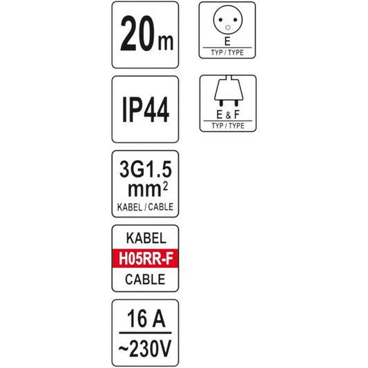 20m Kabeltrommel Kabelaufroller IP44 Typ E+F Schutzkontakt 16A 230V 1,5mm²