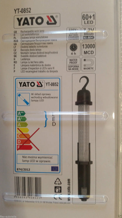 Yato Profi 60 LED Arbeitslampe Handlampe Stablampe Werkstattleuchte Magnet Akku