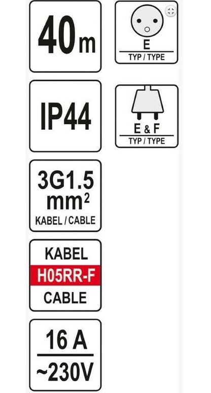 Yato YT-81054 Kabeltrommel 40m 4 Buchsen 16A 1,5mm² innen/außen Typ E&F IP44 - Flex-Autoteile