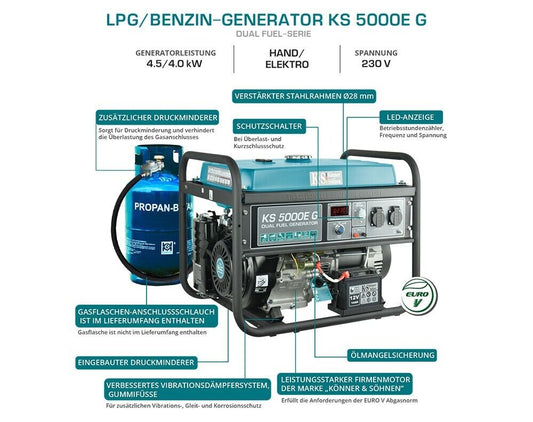 Notstromaggregat Dual LPG Gas Benzin 4KW Stromerzeuger Stromgenerator KS5000EG