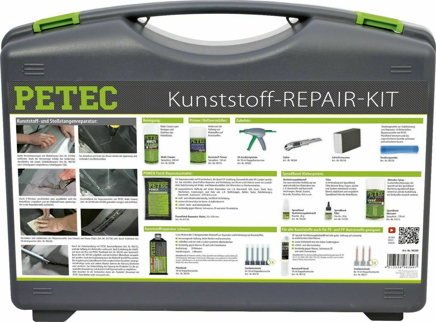 PETEC KUNSTSTOFF Reparatur KIT Set Kleben Füllen Spachteln Holz Plastik Gummi