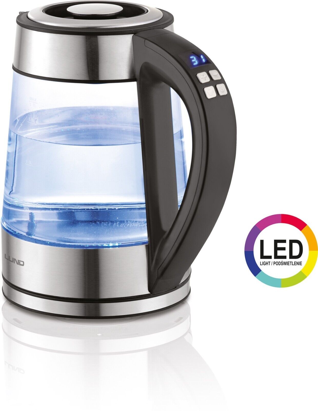 Lund Glas Wasserkocher 1,7L 2200W LED Beleuchtung Temperaturwahl Warmhalten