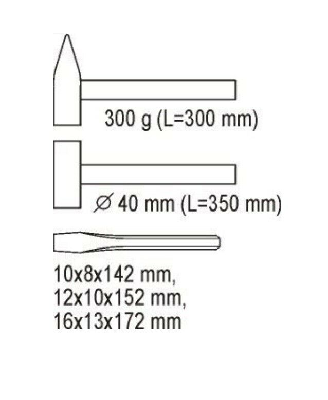 Yato YT-5540 5er Set Hammer 300g Schonhammer 40 3x Flachmeißel Schubladeneinsatz