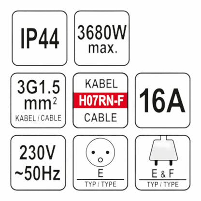 YATO YT-81162 Verlängerungskabel 20m 3 Fach Verteiler Kabelverlängerung Typ E&F
