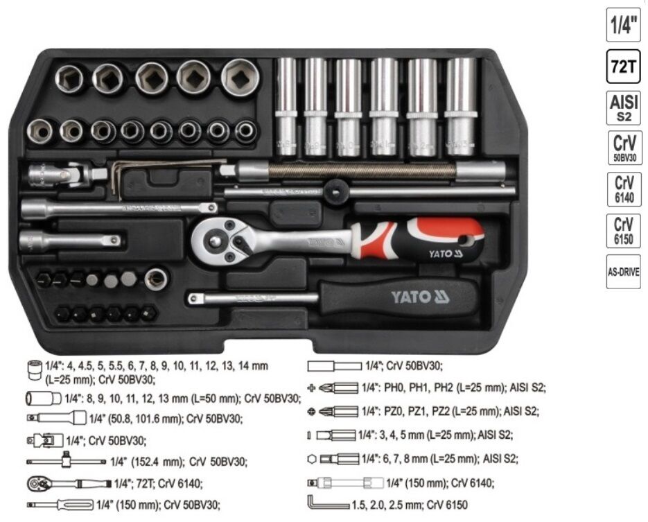 Yato Werkzeugkoffer Set 42tlg Toolbox Ratsche Steckschlüssel 1/4" Nüsse Bits - Flex-Autoteile