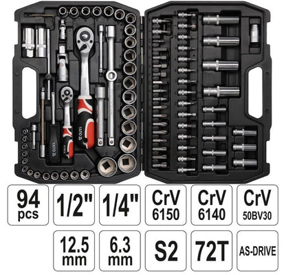 Yato Werkzeugkoffer Set 94tlg Ratschen Steckschlüssel 1/4" 1/2" Langnüsse Bits - Flex-Autoteile