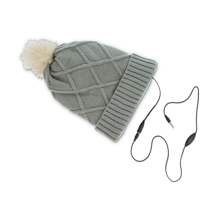 Forever Bommelmütze mit Kopfhörer und Micro Winter Grau 3,5 Klinke 120cm