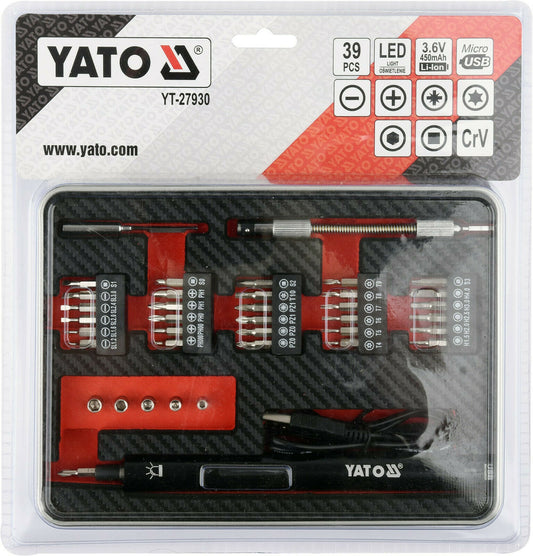Yato yt-27930 fine mechanic battery screwdriver set 39 pitch led screwdriver