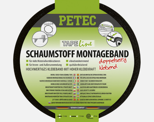 PETEC Schaumstoff-Montageband doppelseitiges Klebeband Leisten schwarz 10m x19mm