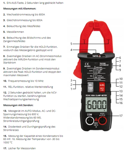True RMS Digital AC/DC Zangenmessgerät Strom Spannung Frequenz Detektor Tester
