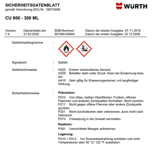 Würth CU-800 300ml Kupferspray Kupferfett Schmiermittel hitzebeständig Spühdose