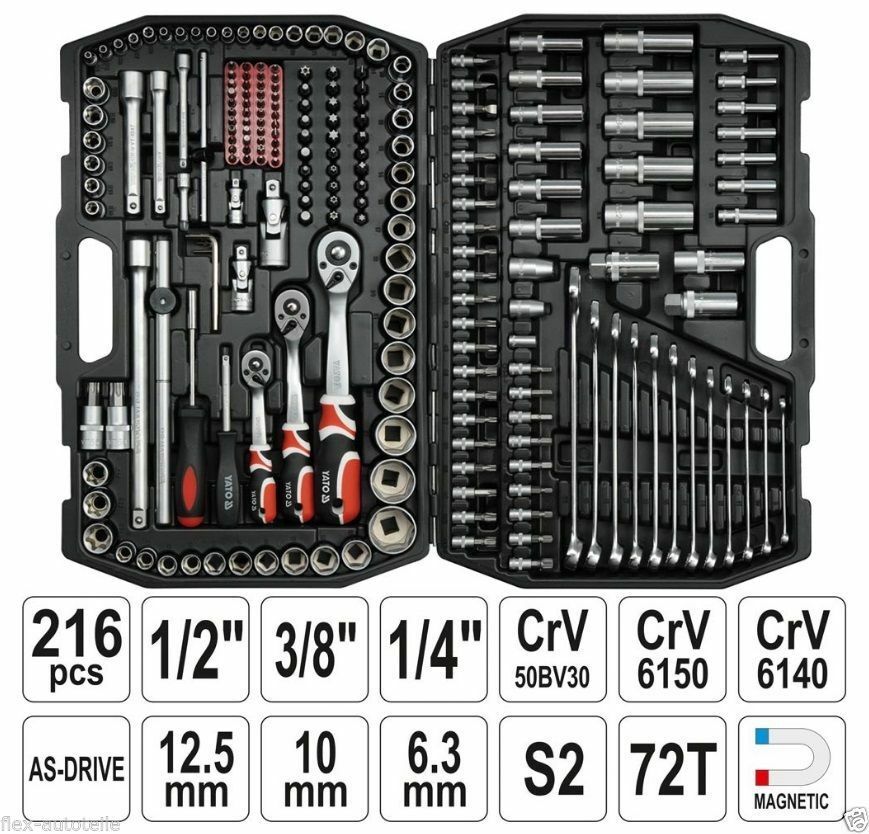 Yato Werkzeugkoffer Set 216tlg Ratschen Steckschlüssel 1/4" 1/2" 3/8" Langnüsse